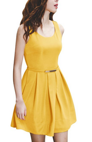 Lady Sleeveless Ruched Detail Hidden Zip Closure Fit And Flare Dress W Belt